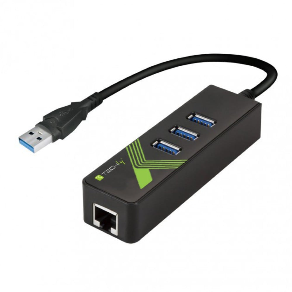 Adattatore Convertitore USB3.0 Ethernet Gigabit con Hub 3 porte - TECHLY - IDATA USB-ETGIGA-3U2-1